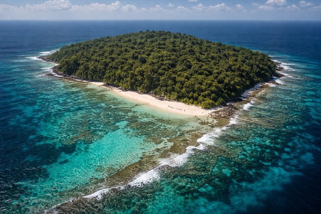 Ilha Sentinela do Norte cercada por recifes simbolizando o isolamento do povo Sentinela
