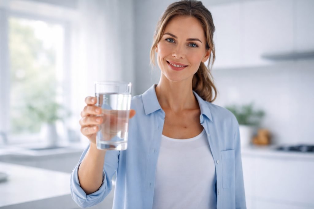 Ilustração educativa mostrando o equilíbrio da hidratação no corpo humano, comparando desidratação e hidratação adequada, com diferenças visíveis na saúde e no funcionamento do organismo.