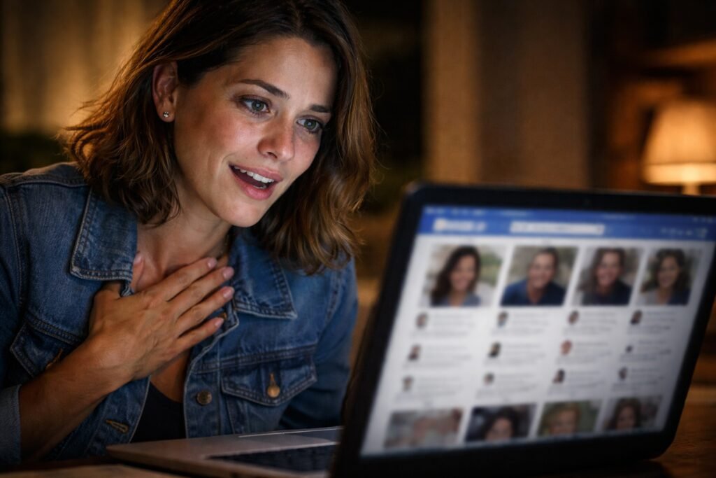 Mulher procurando pessoas encontradas pelo Facebook no computador
