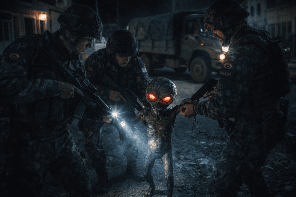 Soldados capturando criatura na aparição do E.T. de Varginha durante operação militar noturna
