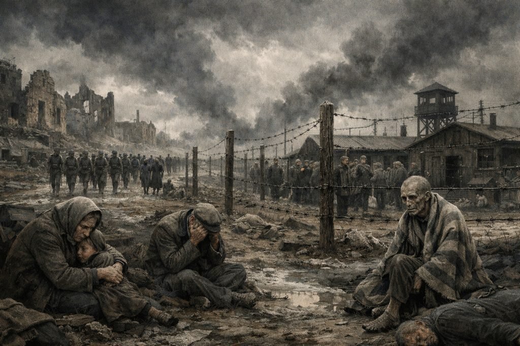 Cenário histórico mostrando os impactos do nazismo na Europa durante a Segunda Guerra Mundial, com destruição e sofrimento humano
