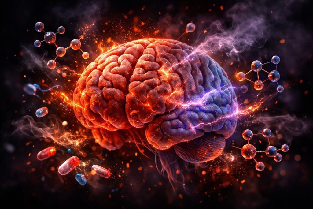 Ilustração mostrando o impacto das drogas sintéticas no cérebro humano