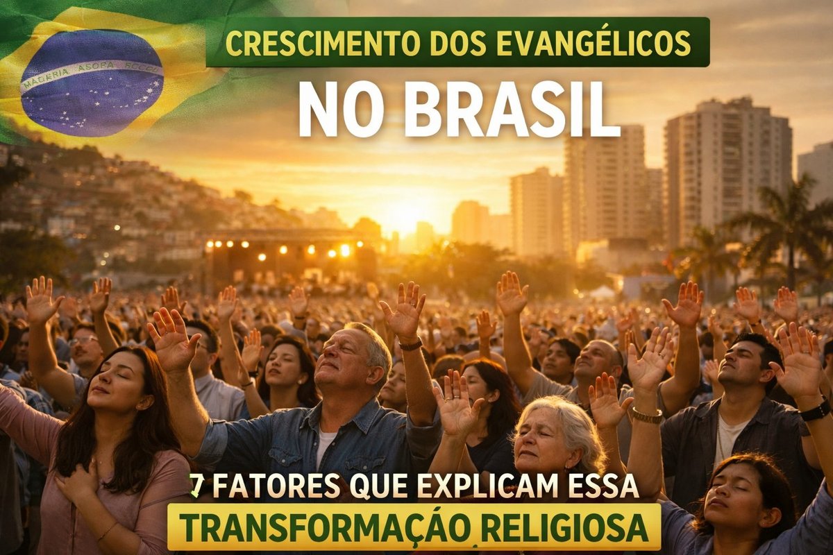 Crescimento dos evangélicos no Brasil representado por multidão em culto religioso