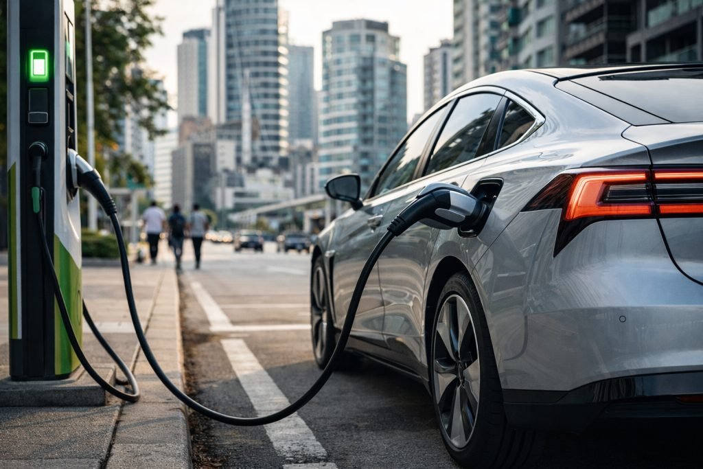 Carro elétrico sendo recarregado em área urbana brasileira, representando o avanço da mobilidade elétrica