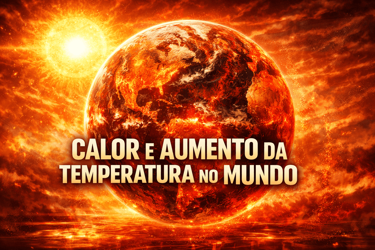 Calor e aumento da temperatura no mundo representado por mapa térmico e sol intenso