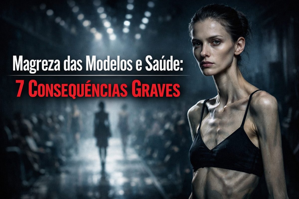 Modelo extremamente magra representando os riscos da magreza excessiva para a saúde física e mental