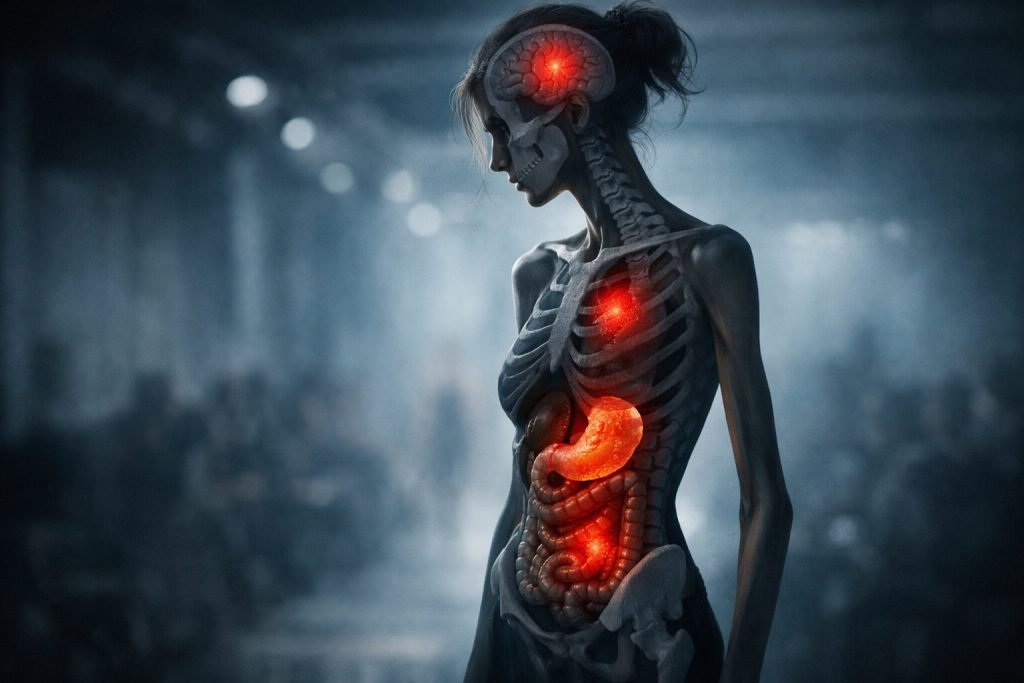 Ilustração mostrando os efeitos da magreza extrema no corpo e na saúde das modelos