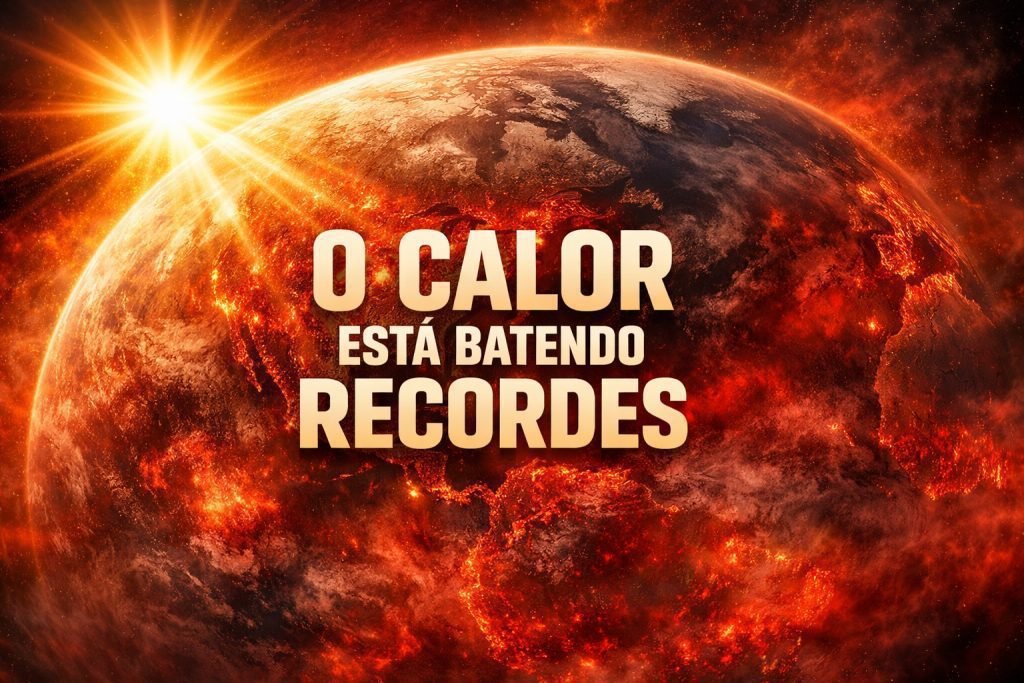 Planeta Terra visto do espaço com áreas em vermelho intenso simbolizando calor extremo e recordes de temperatura no mundo