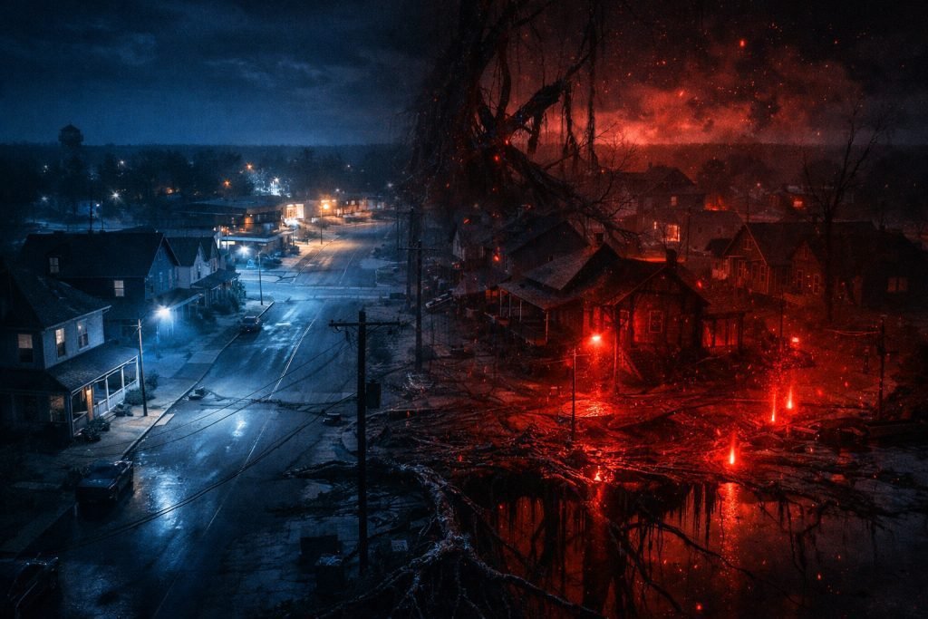 Cena inspirada em Stranger Things mostrando cidade pequena à noite conectada ao Mundo Invertido