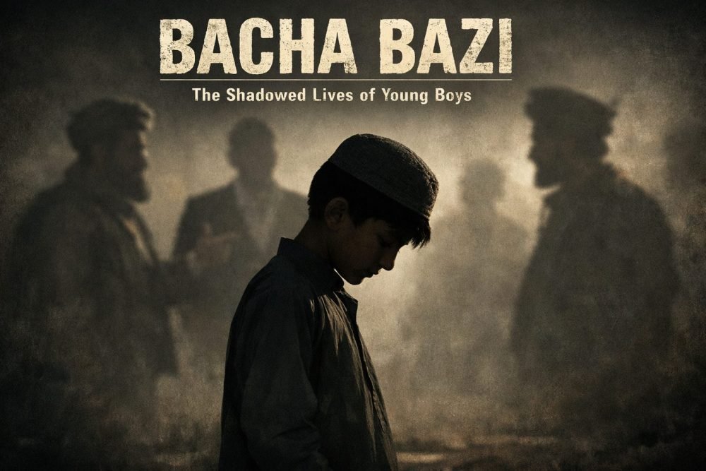 Ilustração representando o contexto cultural do bacha bazi em regiões da Ásia Central