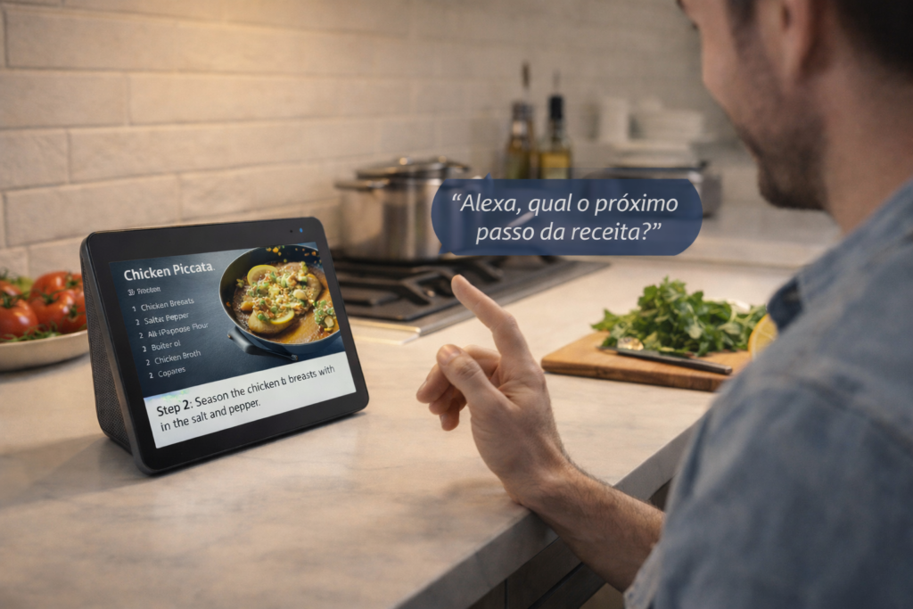 Echo Show sendo usado na cozinha com Alexa
