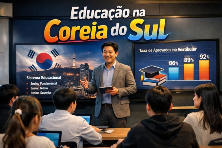 Educação na Coreia do Sul com estudantes em sala moderna