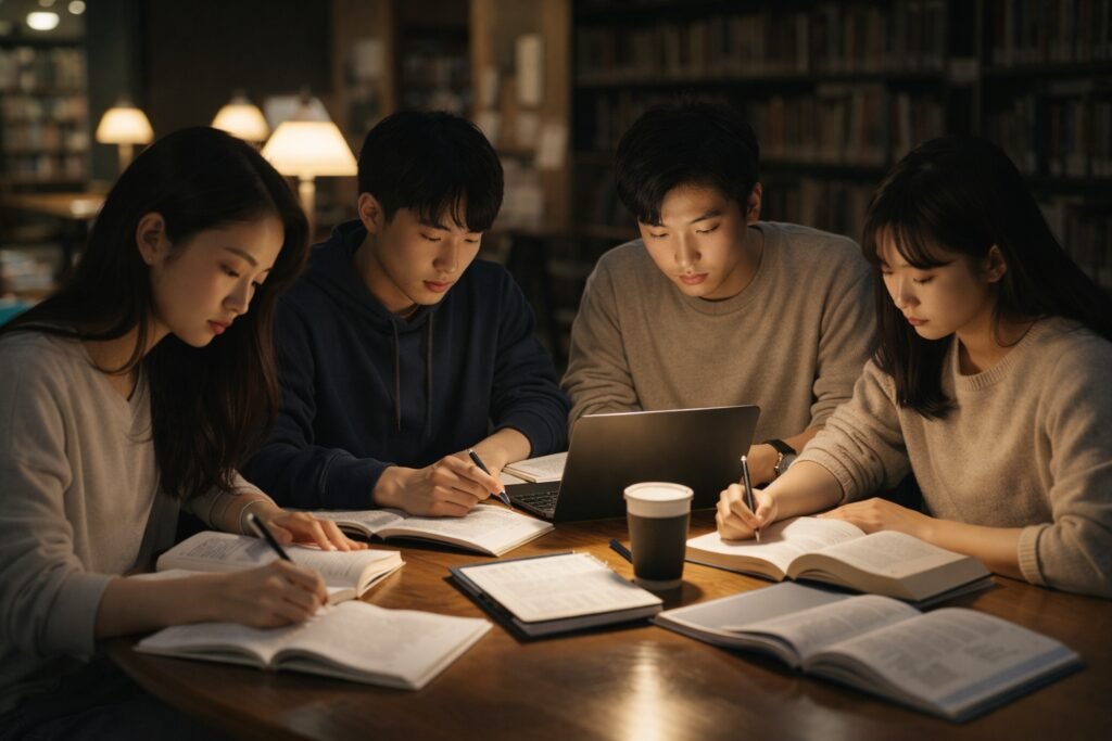 Estudantes coreanos estudando para exames
