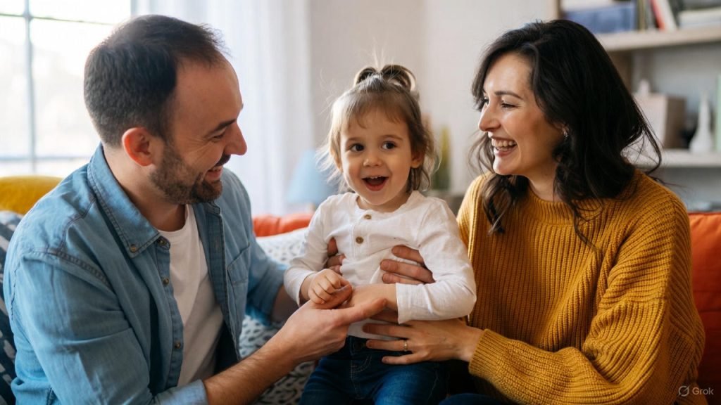 Família interagindo com criança com autismo em ambiente acolhedor