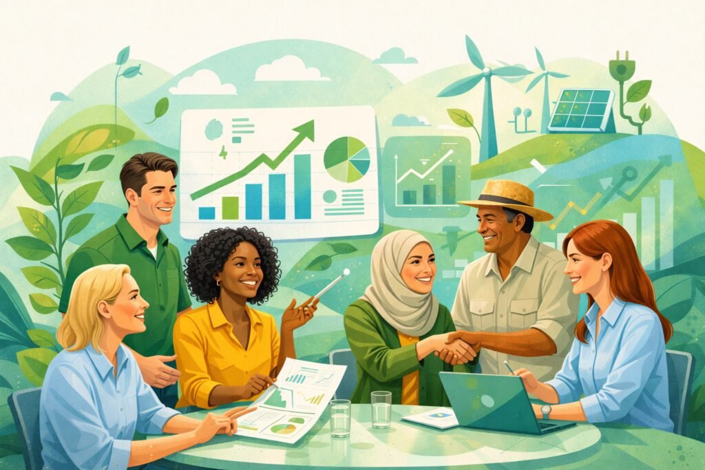 gráficos e pessoas simbolizando cooperativismo