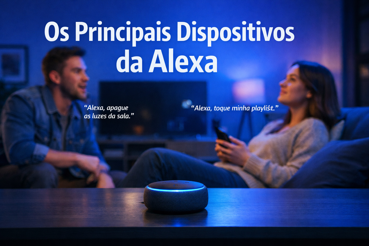 Principais dispositivos da Alexa em uma sala moderna