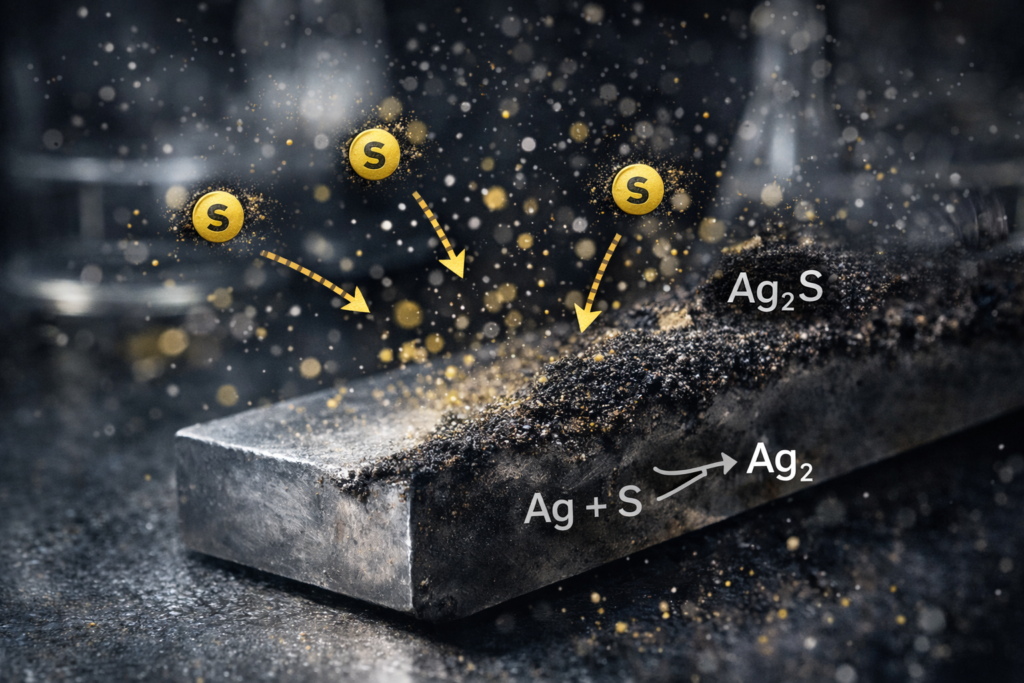 Reação química da prata com enxofre causando escurecimento