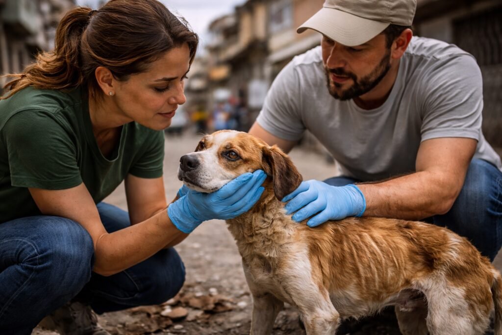Voluntários resgatando animal abandonado