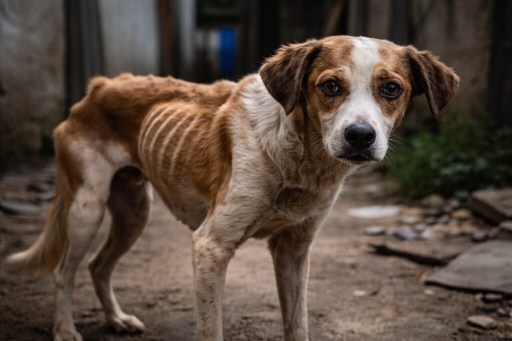 Cão magro com sinais de abandono