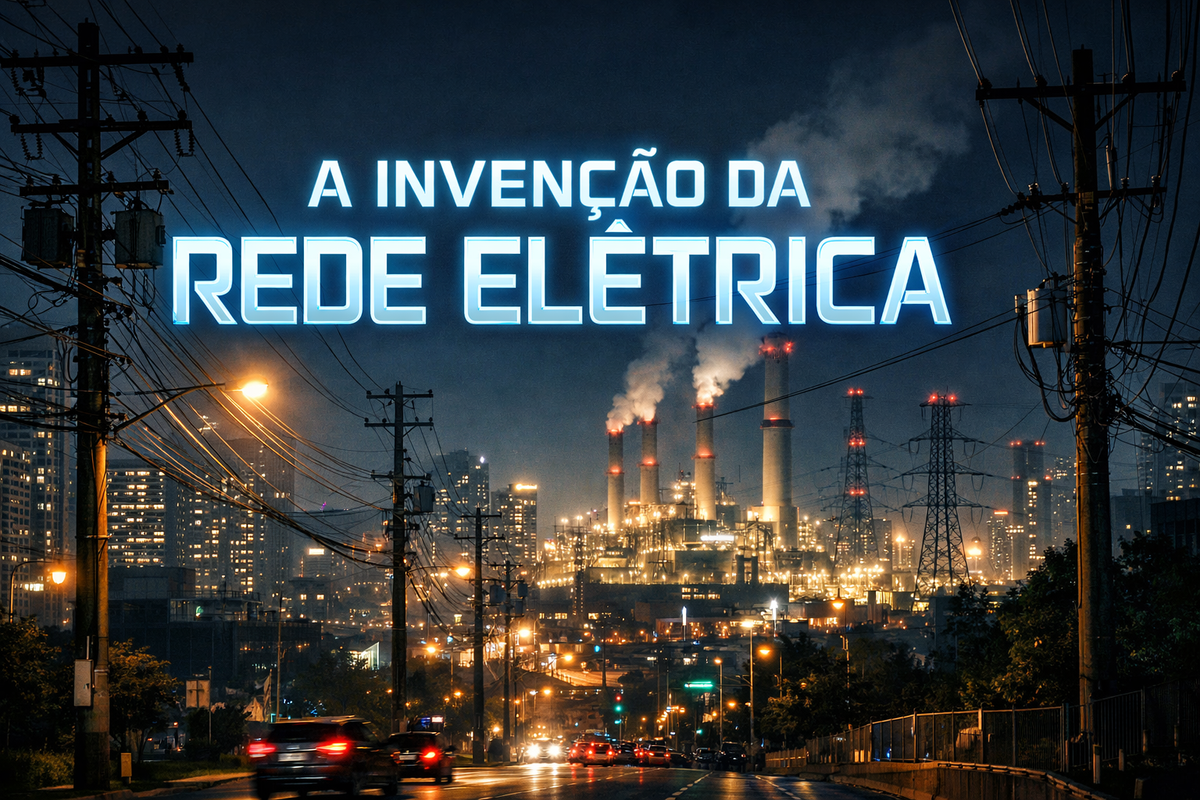 Imagem ilustrando a invenção da rede elétrica e a iluminação das cidades