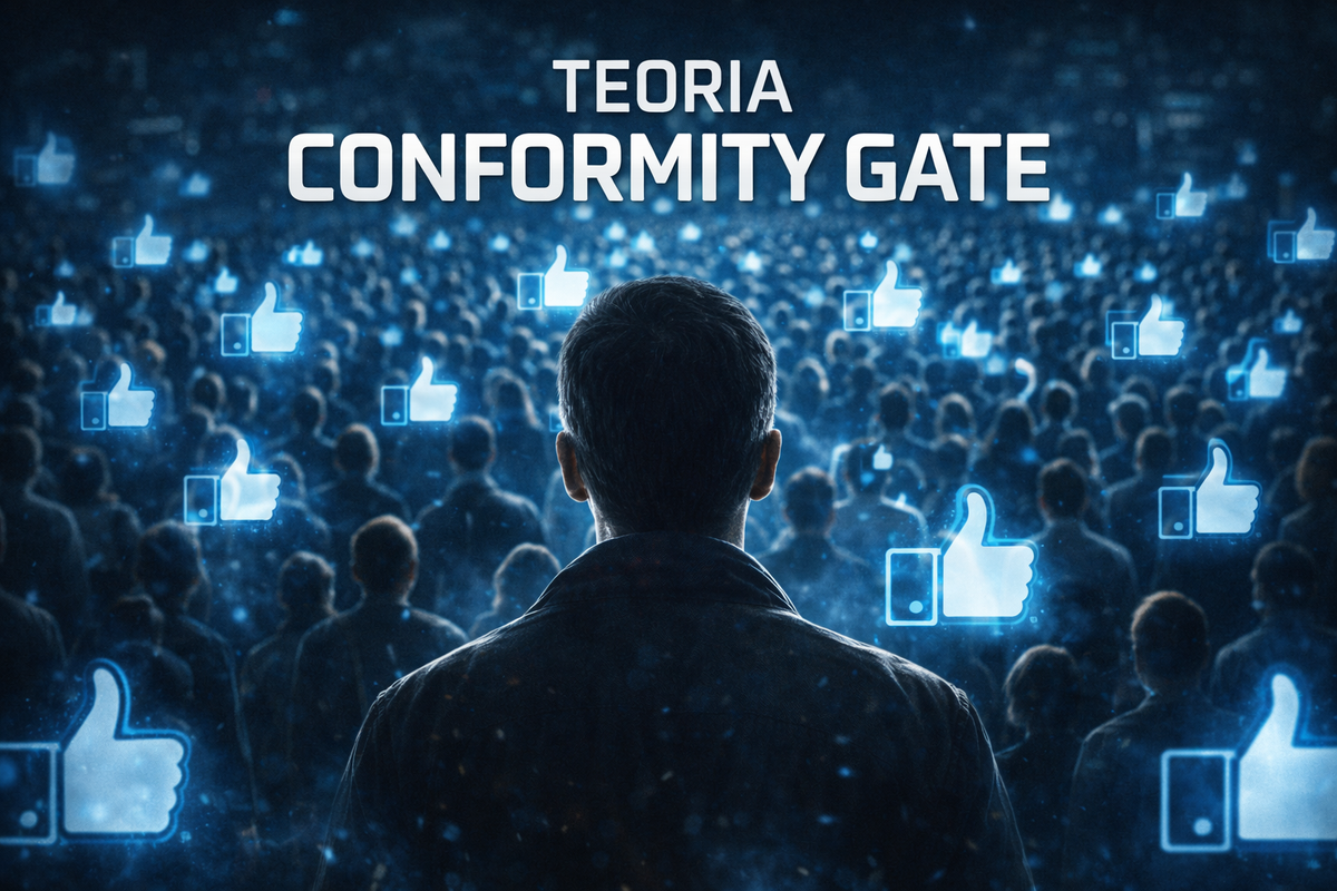 Pessoa influenciada por validações sociais representando a Teoria Conformity Gate