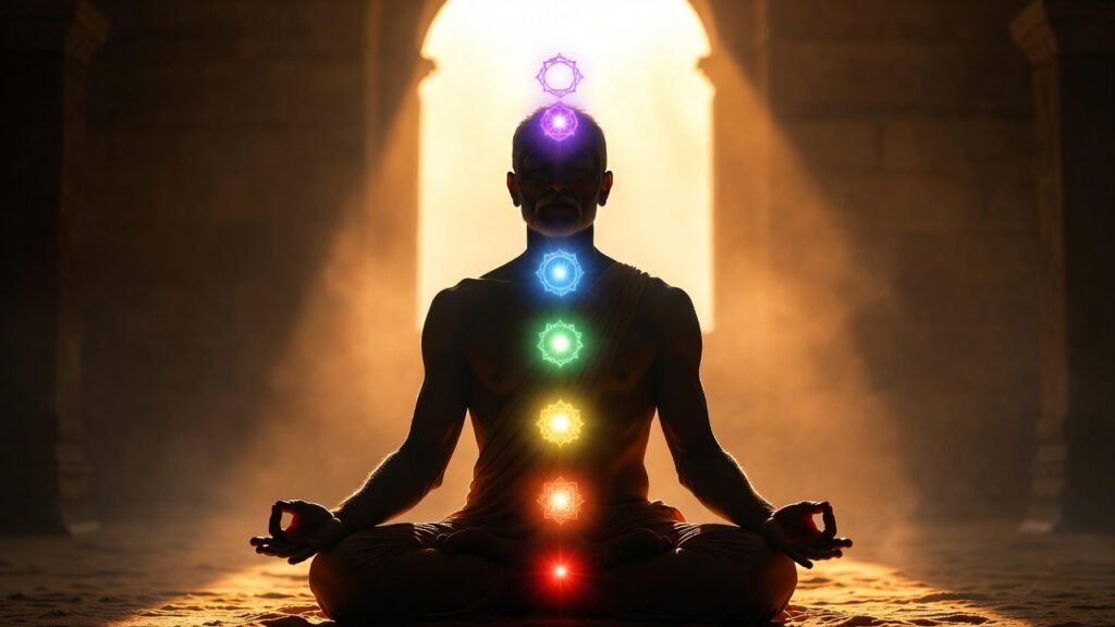 Pessoa meditando com chakras alinhados representando energia kundalini