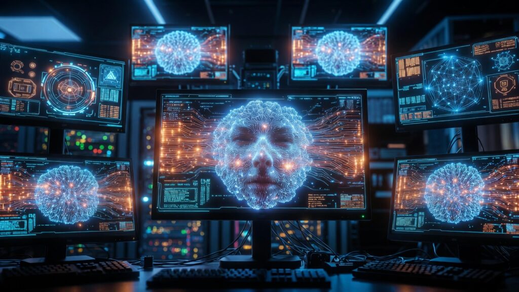 Representação visual de algoritmos de inteligência artificial criando um deepfake em tela digital