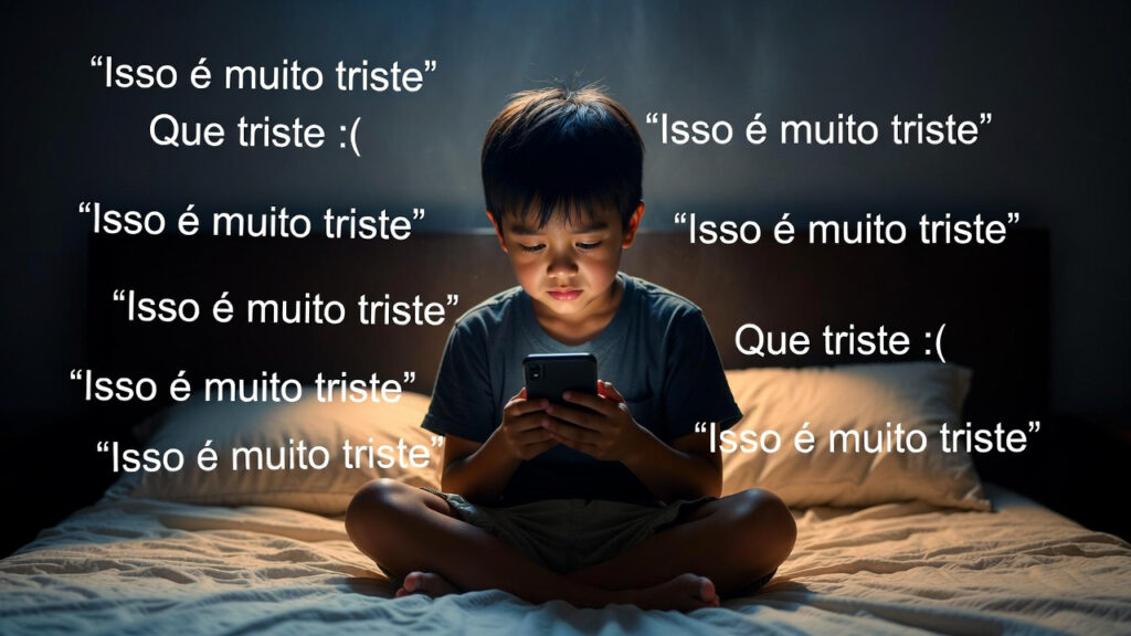 Criança triste olhando celular por causa de comentários negativos