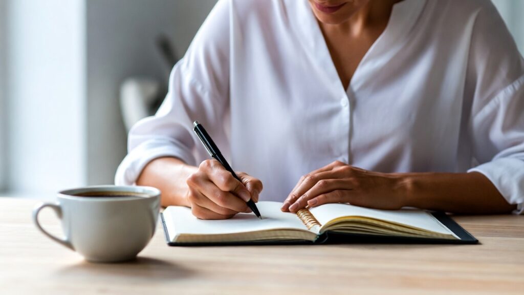 Pessoa escrevendo metas e prioridades em um caderno, simbolizando clareza, reorganização e mudança de vida
