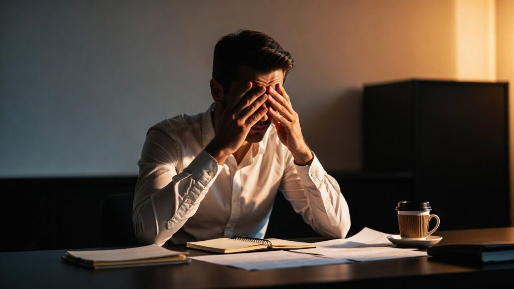 Profissional diante de mesa com papéis e notebook, mostrando sobrecarga, exaustão e vida no automático