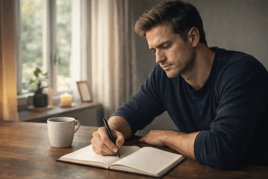 Vaidade ou reflexão: Como descobrir o que realmente está guiando seus pensamentos 2 Pessoa escrevendo no caderno enquanto reflete sobre emoções e motivações