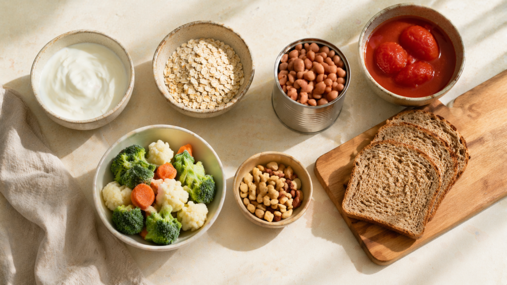 Alimentos industrializados saudáveis: o guia prático para vencer a procrastinação alimentar 2 Bancada de cozinha com aveia, iogurte natural, feijão em lata, vegetais congelados e outros alimentos industrializados saudáveis