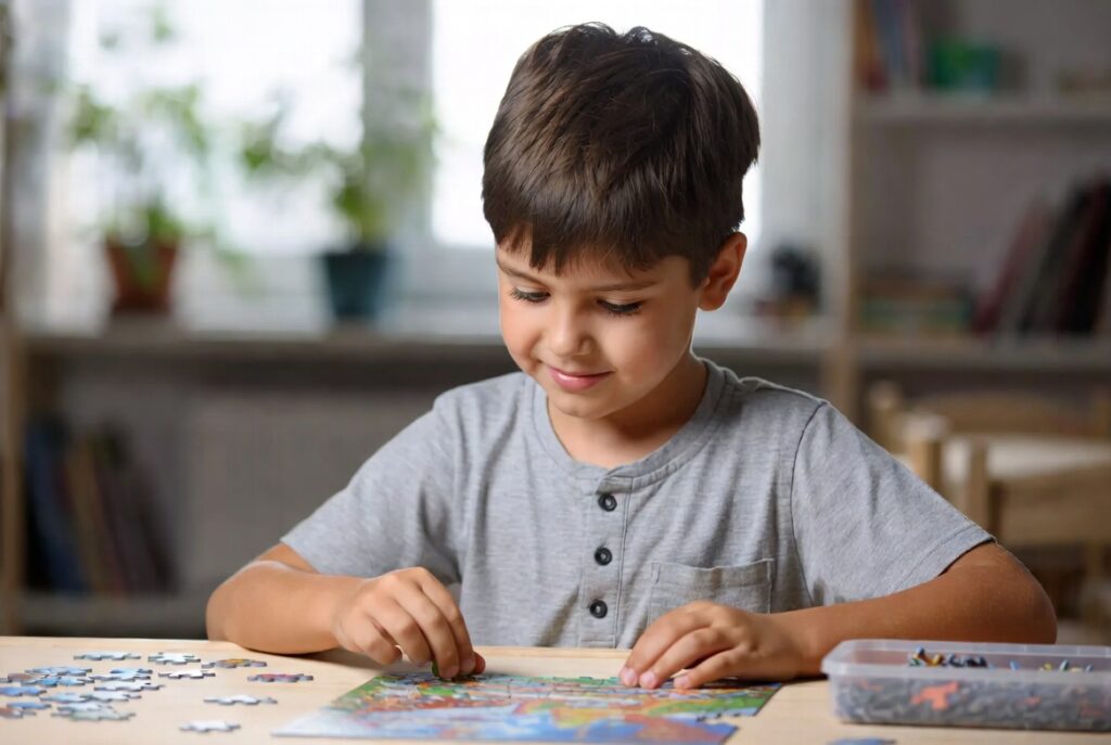 Inteligência da criança: 7 sinais essenciais para entender, estimular e desenvolver o potencial infantil 6 Criança resolvendo um quebra-cabeça em mesa de estudo com atenção e autonomia