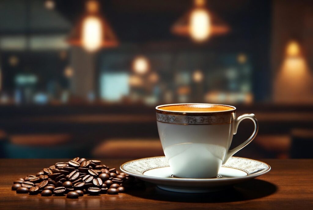 Xícara de café especial servida com apresentação refinada em ambiente de cafeteria