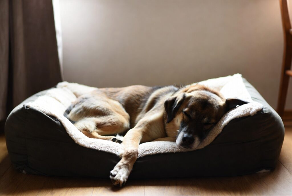 Cachorro relaxado em caminha confortável, em ambiente tranquilo, simbolizando equilíbrio emocional e bem-estar.