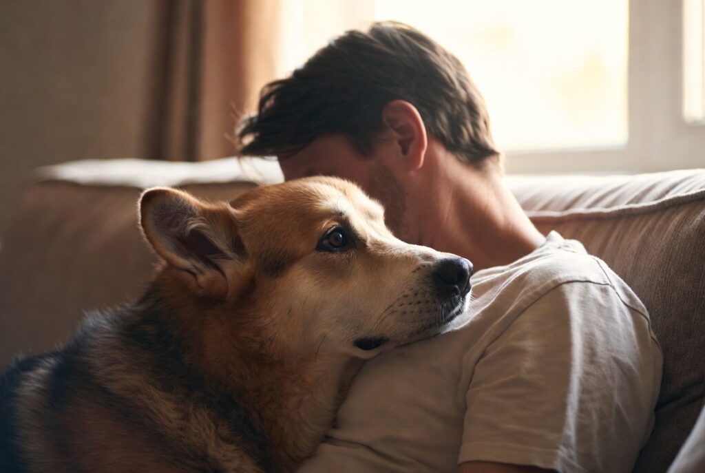 Cachorro encostado no tutor em um momento de tristeza, mostrando apoio e conexão emocional.