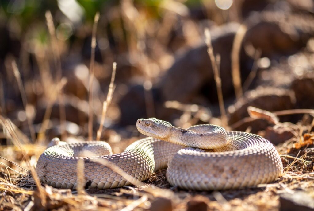 Cobra cascavel em ambiente seco e pedregoso observando a área ao redor