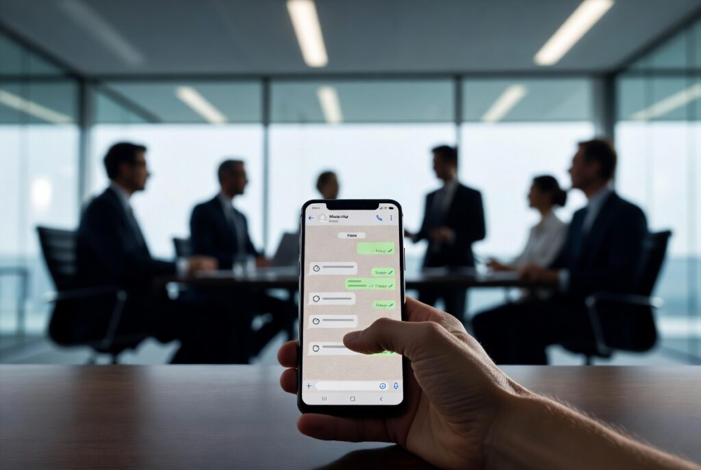 Cena representando a compra do WhatsApp pela Meta em contexto corporativo