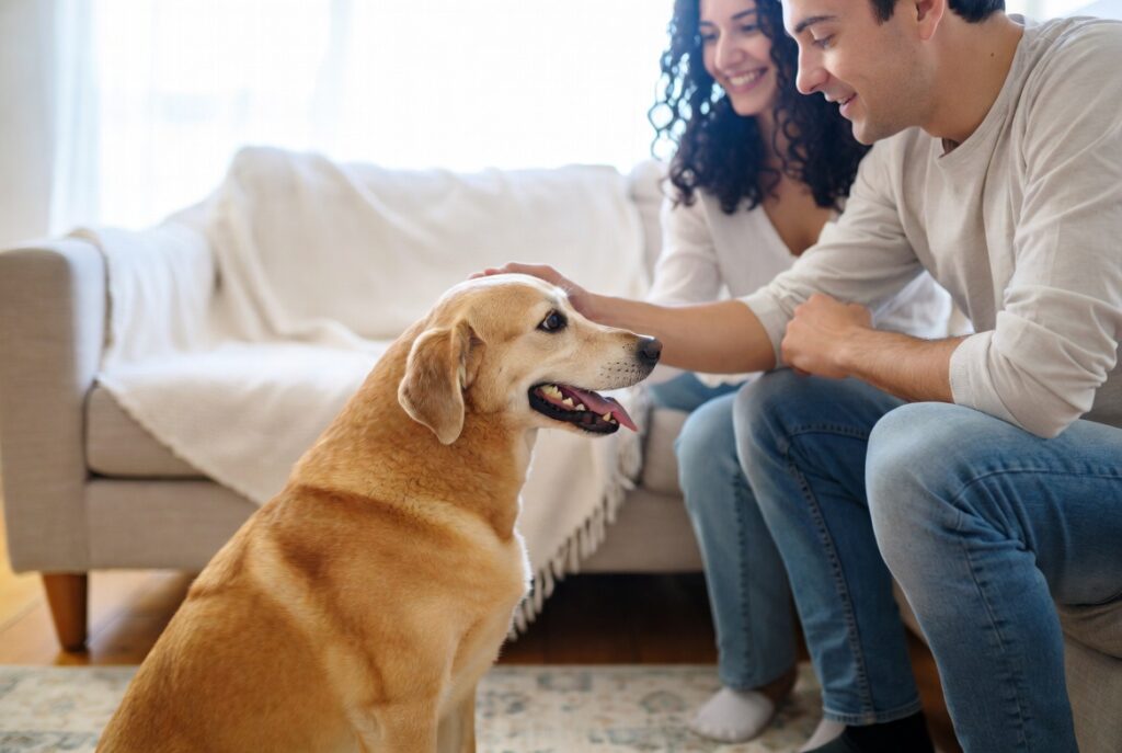 Família interagindo com cachorro de forma carinhosa em casa, reforçando o vínculo afetivo e emocional.