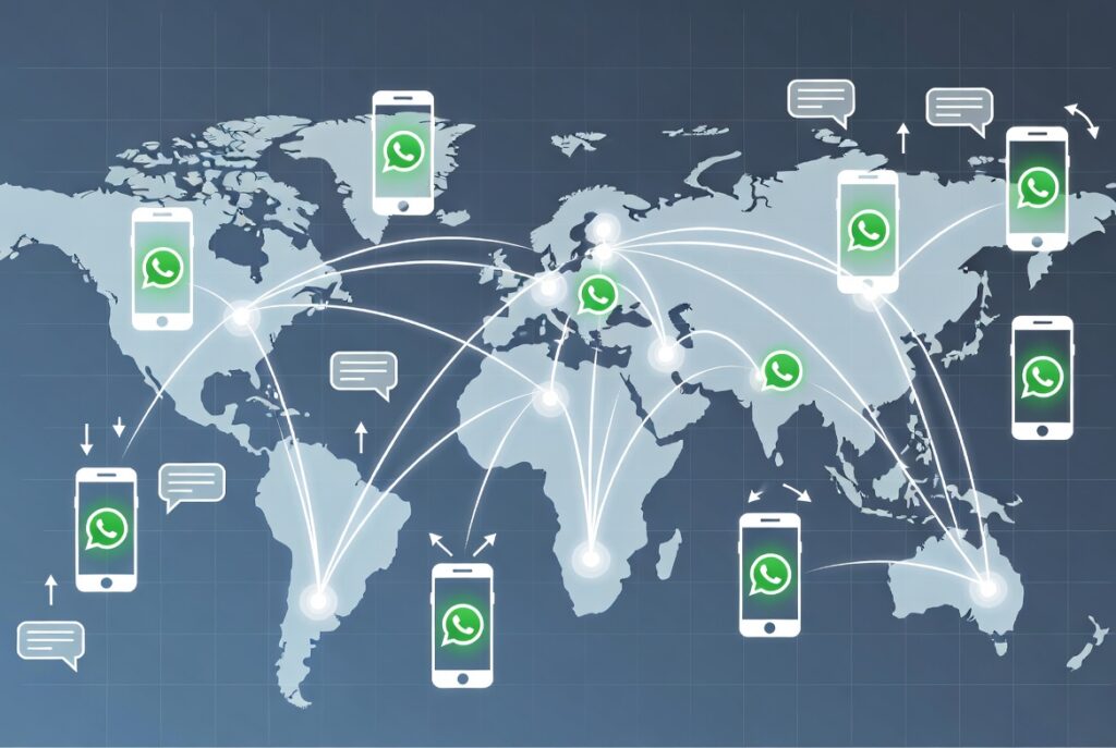 Ilustração realista do crescimento global do WhatsApp pelo mundo
