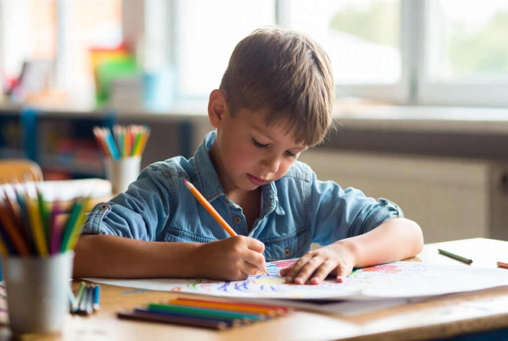 Inteligência da criança: 7 sinais essenciais para entender, estimular e desenvolver o potencial infantil 14 Criança desenhando e criando ideias com lápis coloridos em ambiente escolar