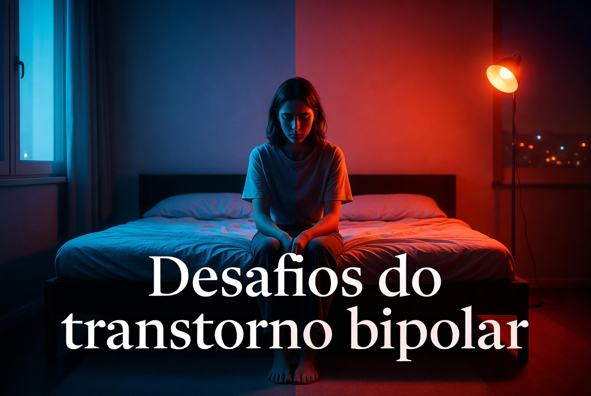 Pessoa sentada em ambiente escuro com expressão de exaustão emocional, representando os desafios do transtorno bipolar