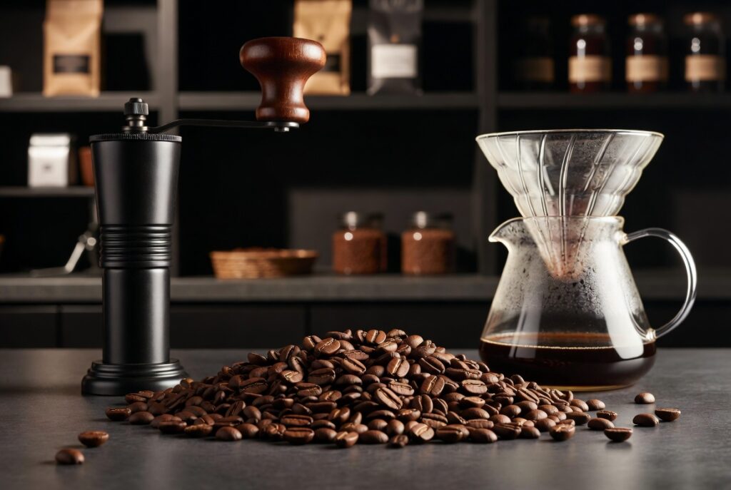 Grãos de café, moedor e preparo artesanal em ambiente sofisticado