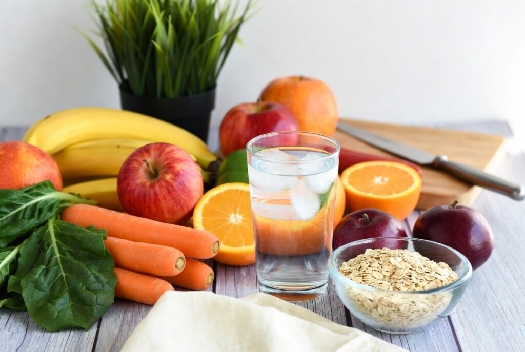 Sinais de pressão alta: 7 alertas que você não deve ignorar 11 Mesa com alimentos saudáveis, água e rotina de autocuidado para prevenção da pressão alta