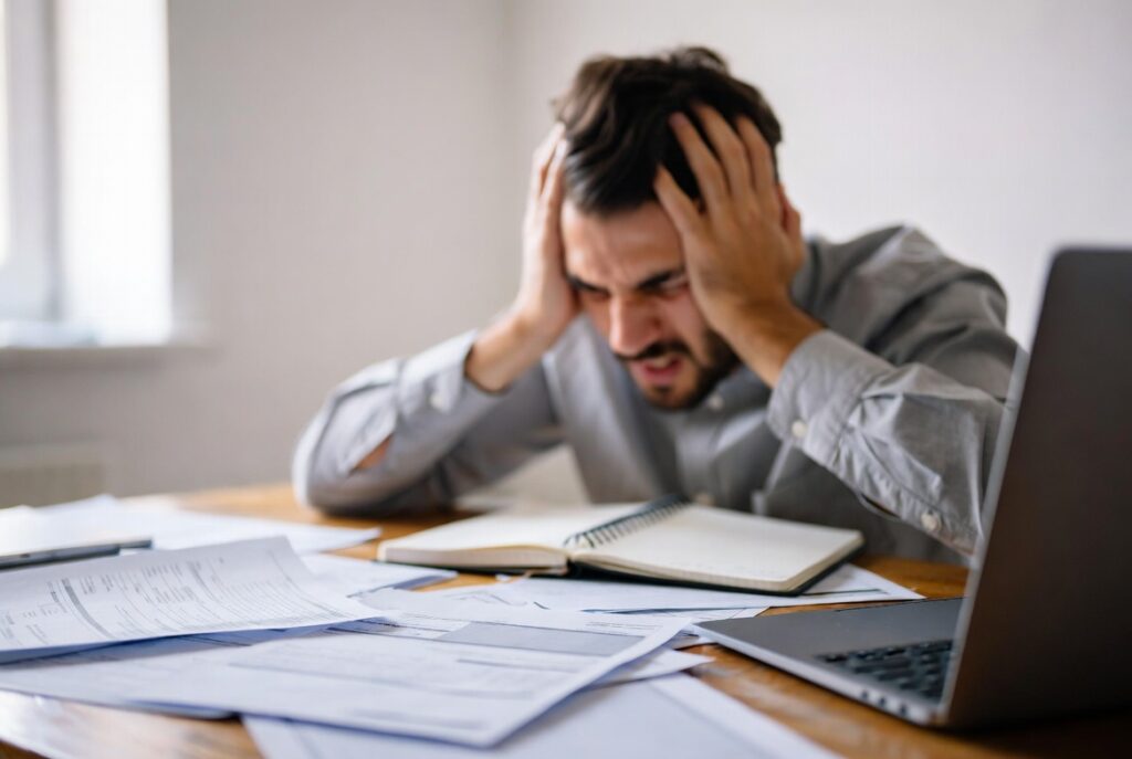 Mesa de trabalho com contas, laptop e pessoa com expressão de preocupação, simbolizando os desafios do transtorno bipolar