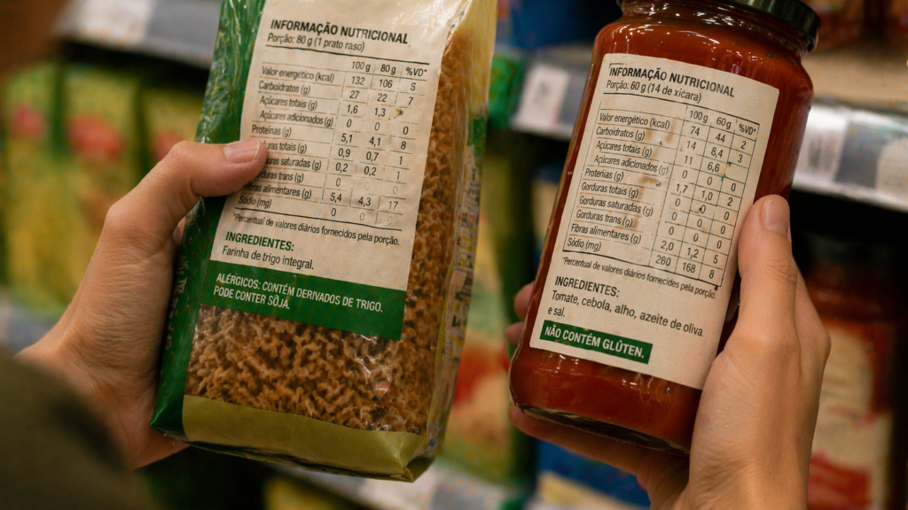 Alimentos industrializados saudáveis: o guia prático para vencer a procrastinação alimentar 5 Mãos comparando rótulos de produtos no supermercado para escolher alimentos industrializados saudáveis