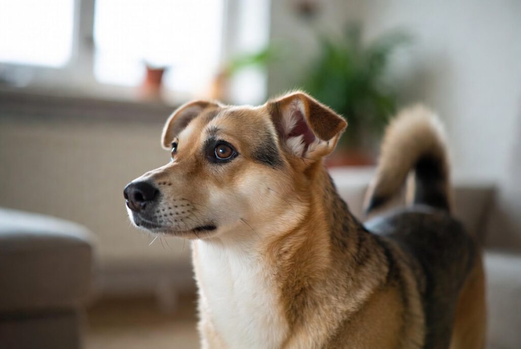 Cachorro em postura atenta com orelhas erguidas e olhar observador, ilustrando linguagem corporal e sensibilidade emocional.