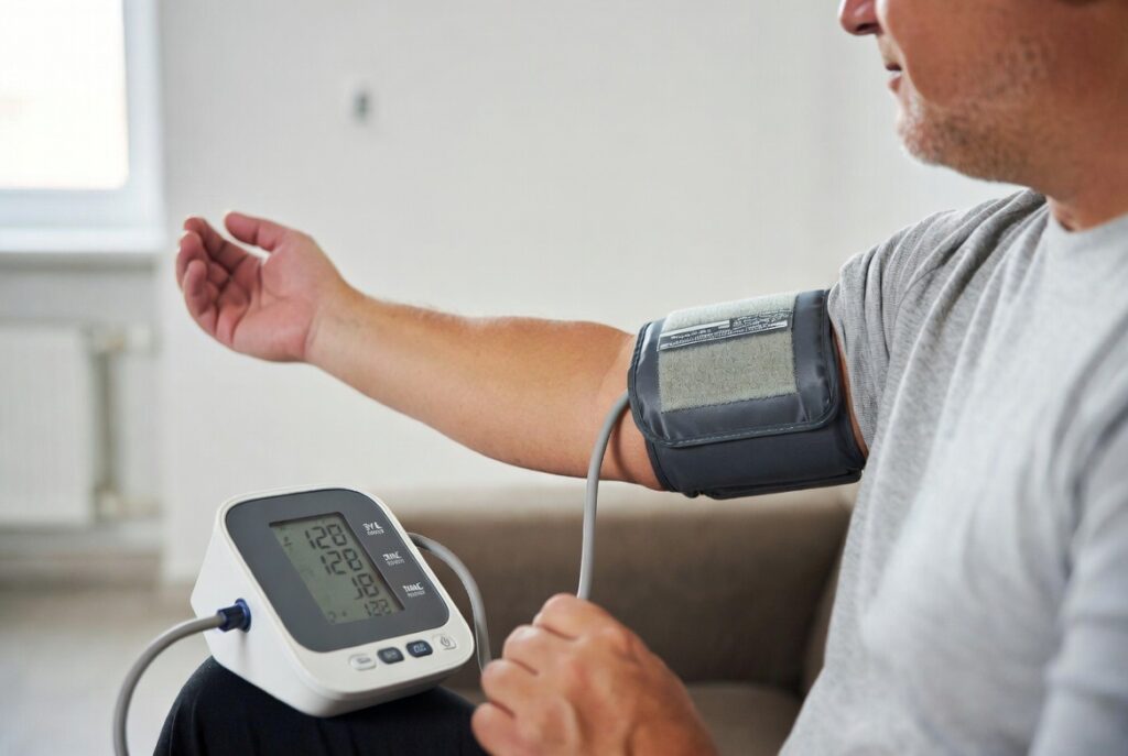 Sinais de pressão alta: 7 alertas que você não deve ignorar 8 Pessoa medindo a pressão arterial em casa com aparelho digital no braço