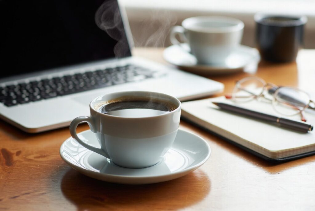 Xícara de café sobre mesa de trabalho com ambiente elegante e acolhedor