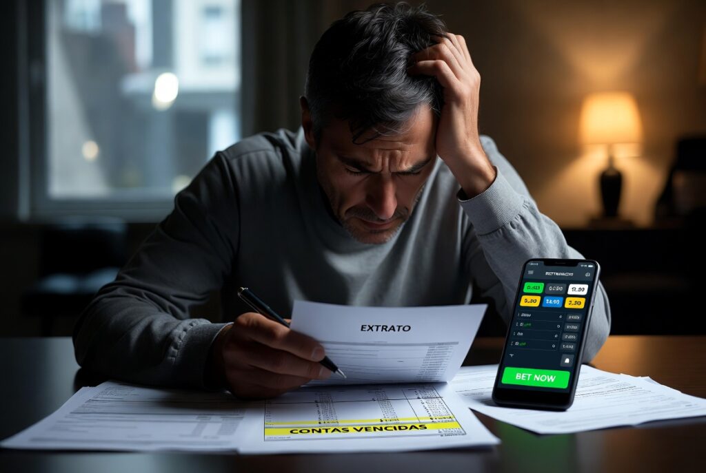 Pessoa preocupada olhando extrato bancário após perdas com apostas